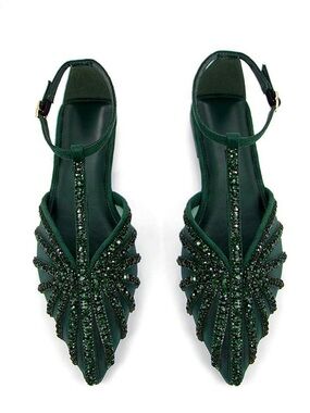 Embellished Dark Green T-Strap Pointed Flats